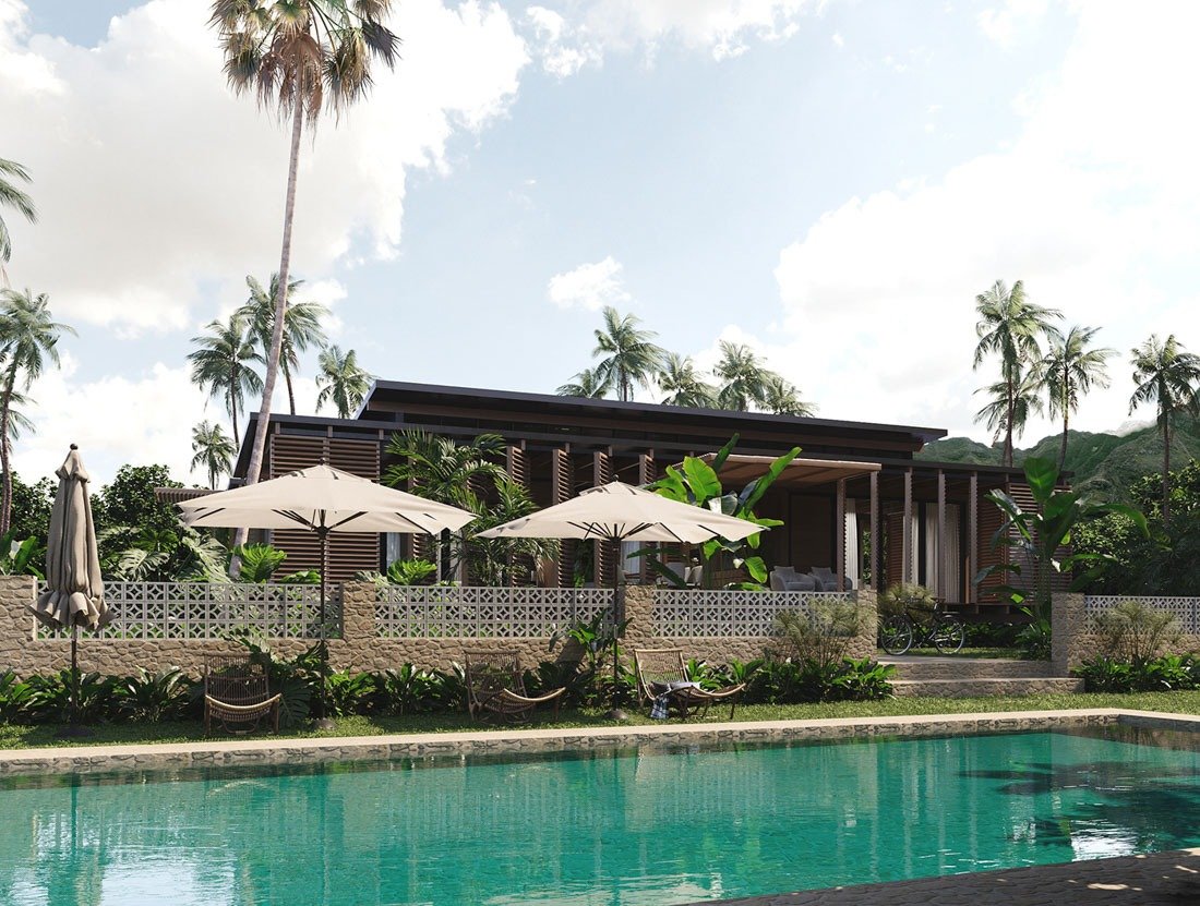 Biệt thự hiện đại với hồ bơi xanh mát và hàng cọ, thiết kế nghỉ dưỡng thiên nhiên.