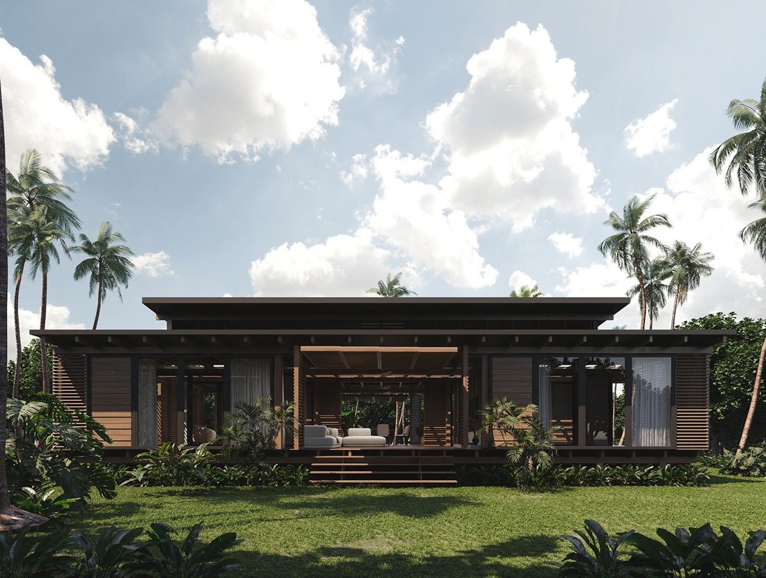 Ngôi nhà hiện đại giữa thiên nhiên với cây cọ xanh và bầu trời xanh trong lành.