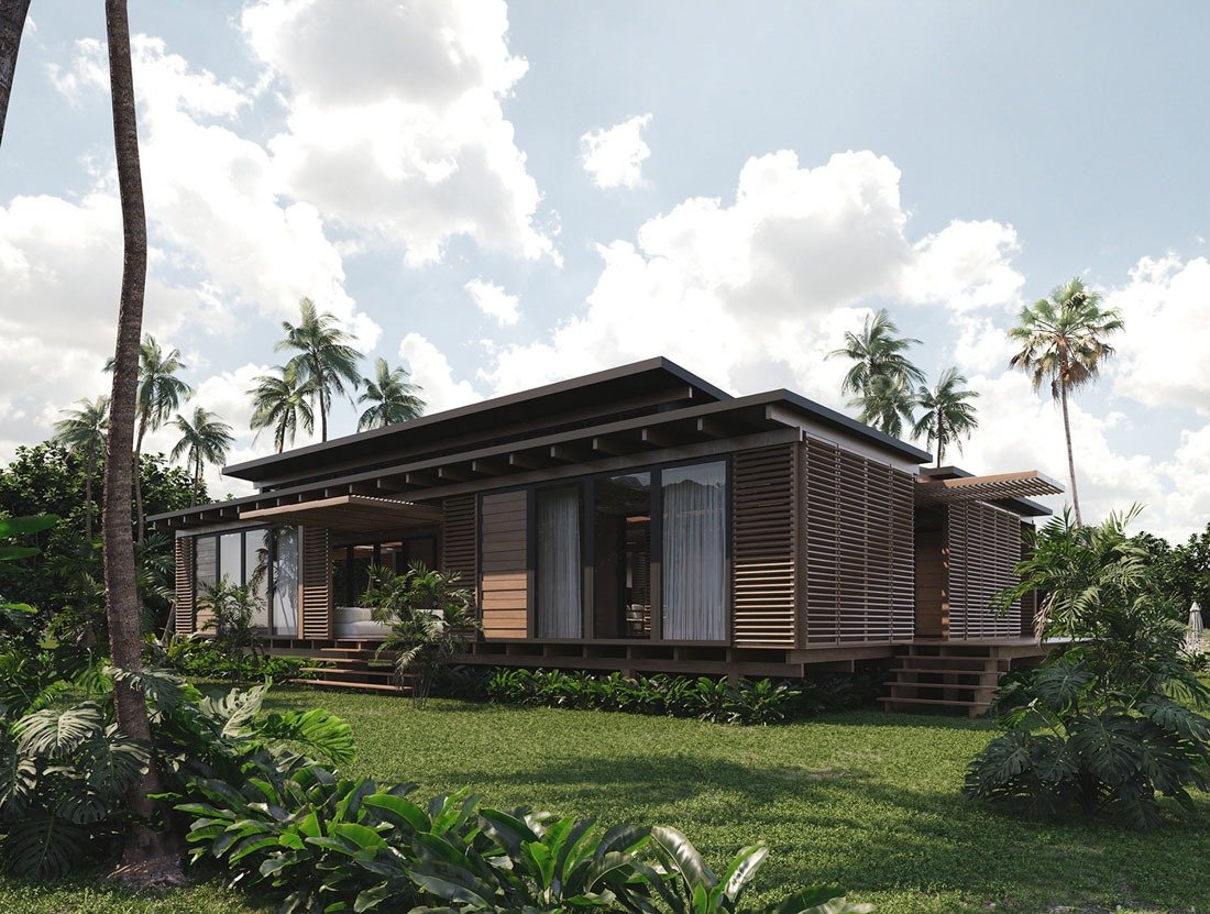 Nhà gỗ hiện đại giữa thiên nhiên xanh với cỏ cây và bầu trời xanh, mang hơi thở nhiệt đới và thư giãn.