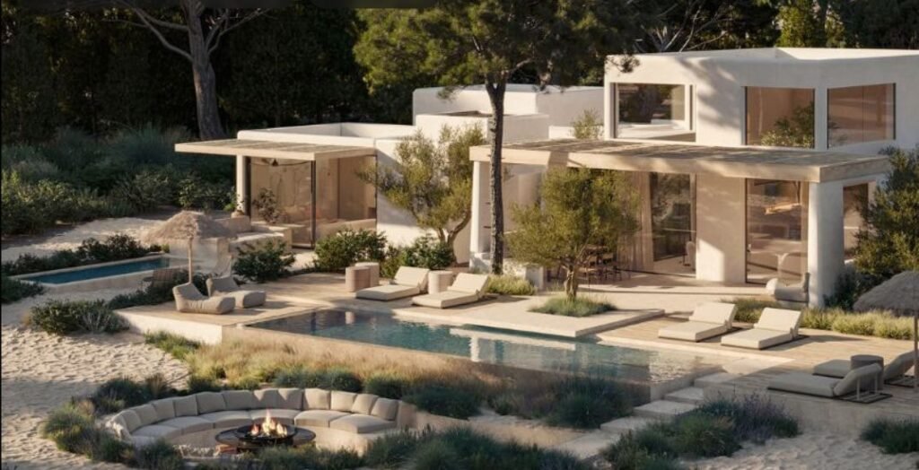 Biệt thự hiện đại bên bờ biển với hồ bơi và không gian thư giãn ngoài trời, bao quanh bởi cây xanh.