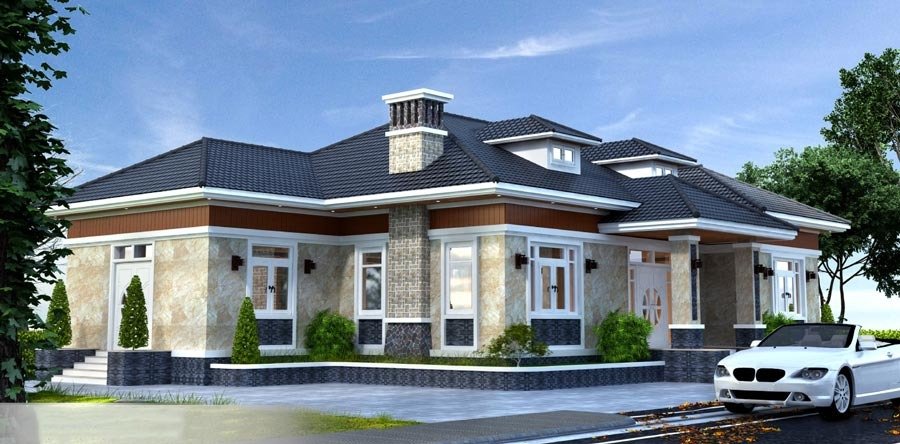 Nhà biệt thự mái thái hiện đại với ô tô trắng đỗ trước sân.