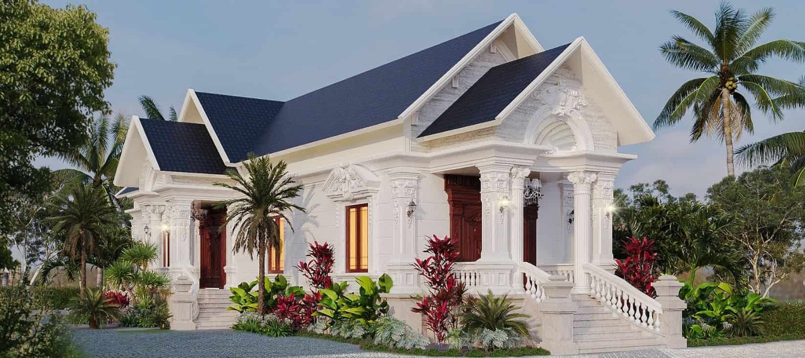 Biệt thự cổ điển trắng, mái ngói xanh đậm, cây cọ và cảnh quan xanh mát xung quanh.