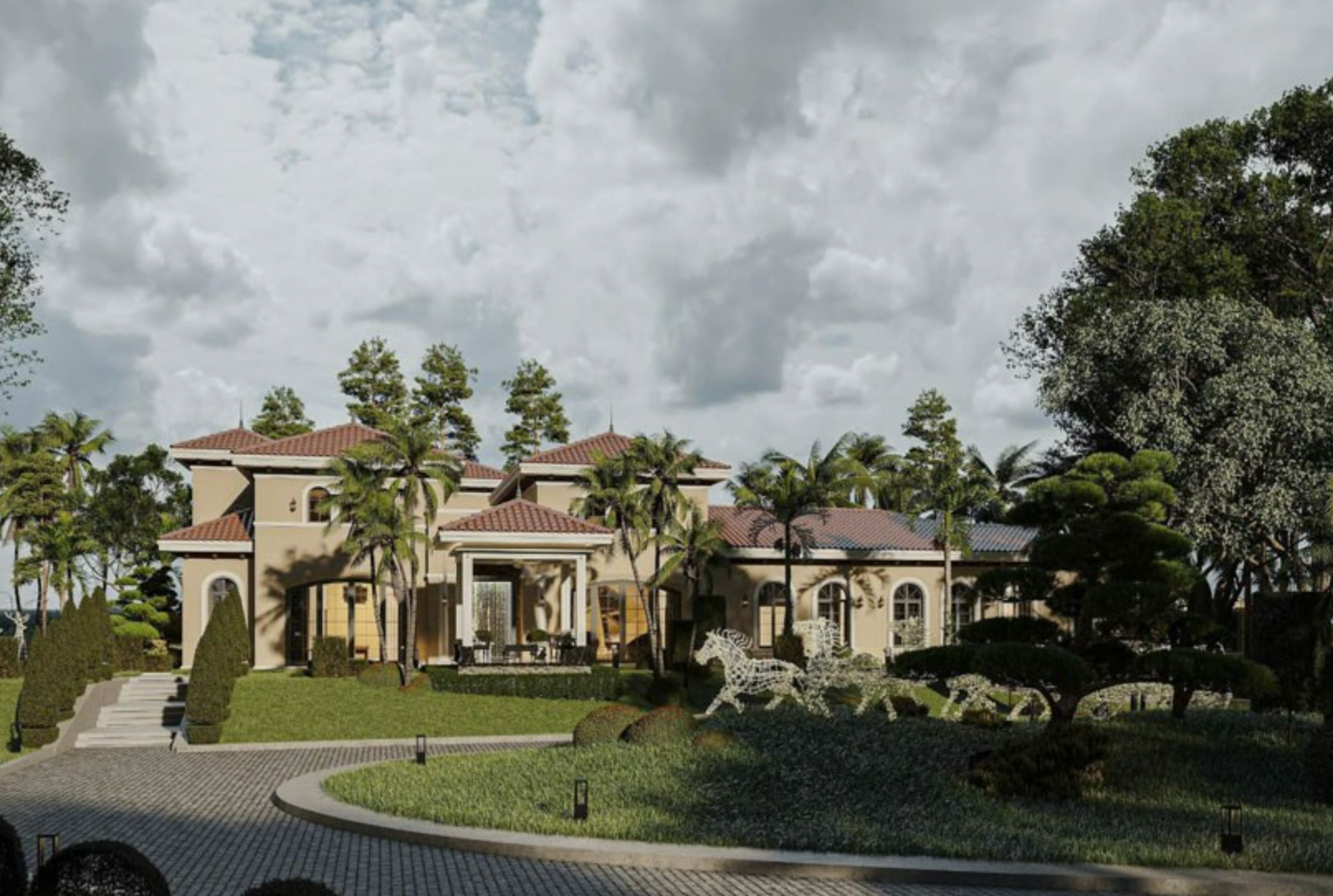 Biệt thự sang trọng với mái ngói đỏ, cây cối xanh tươi xung quanh, không gian rộng lớn và trời nhiều mây.