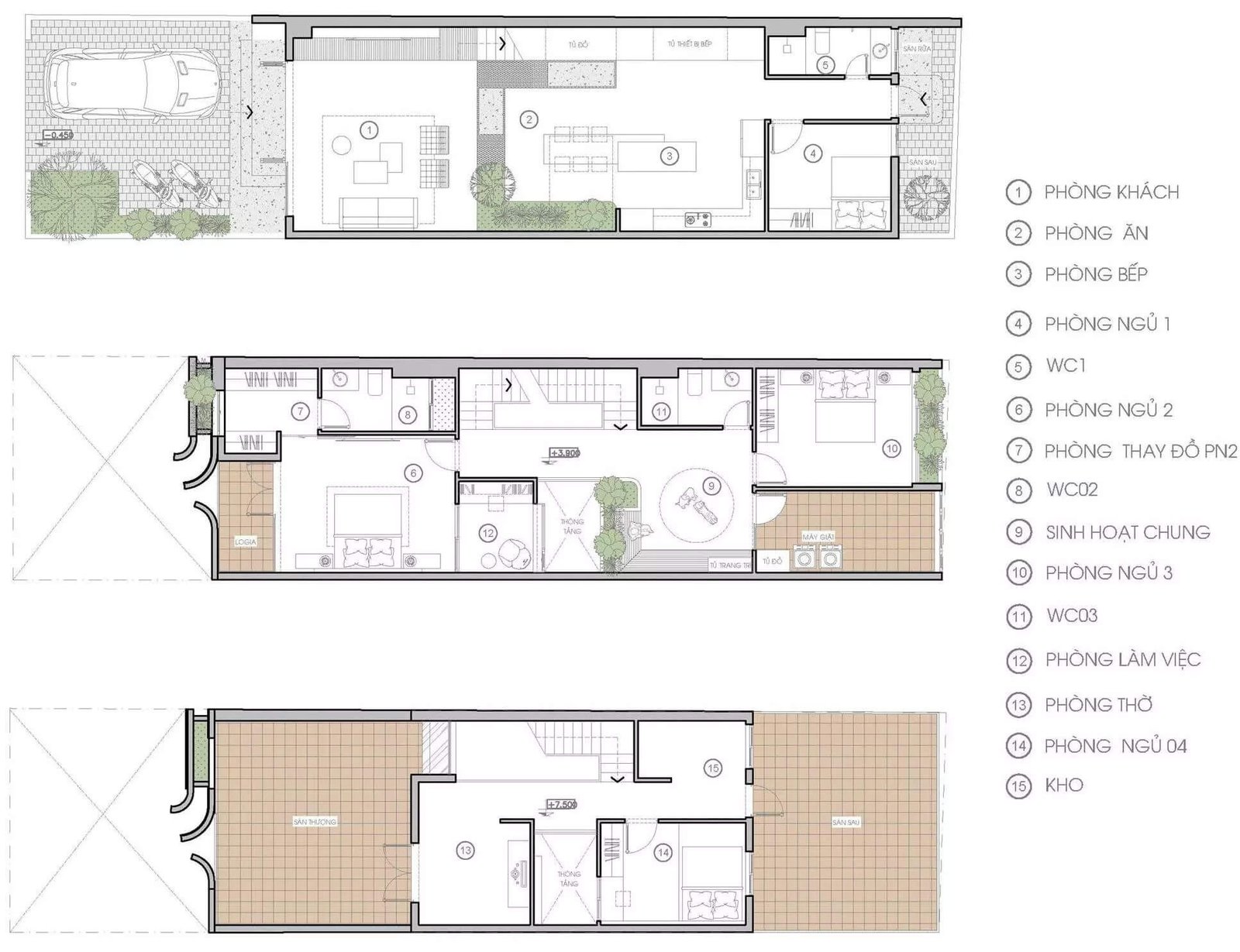 bo-tri-cong-nang-chi-tiet-cua-can-nha-mat-tien-6m-3-tang-dep-doc-dao-va-cuon-hut Bản vẽ mặt bằng 3 tầng với phòng khách, bếp, ngủ, và sinh hoạt chung, thiết kế tối ưu không gian sống.