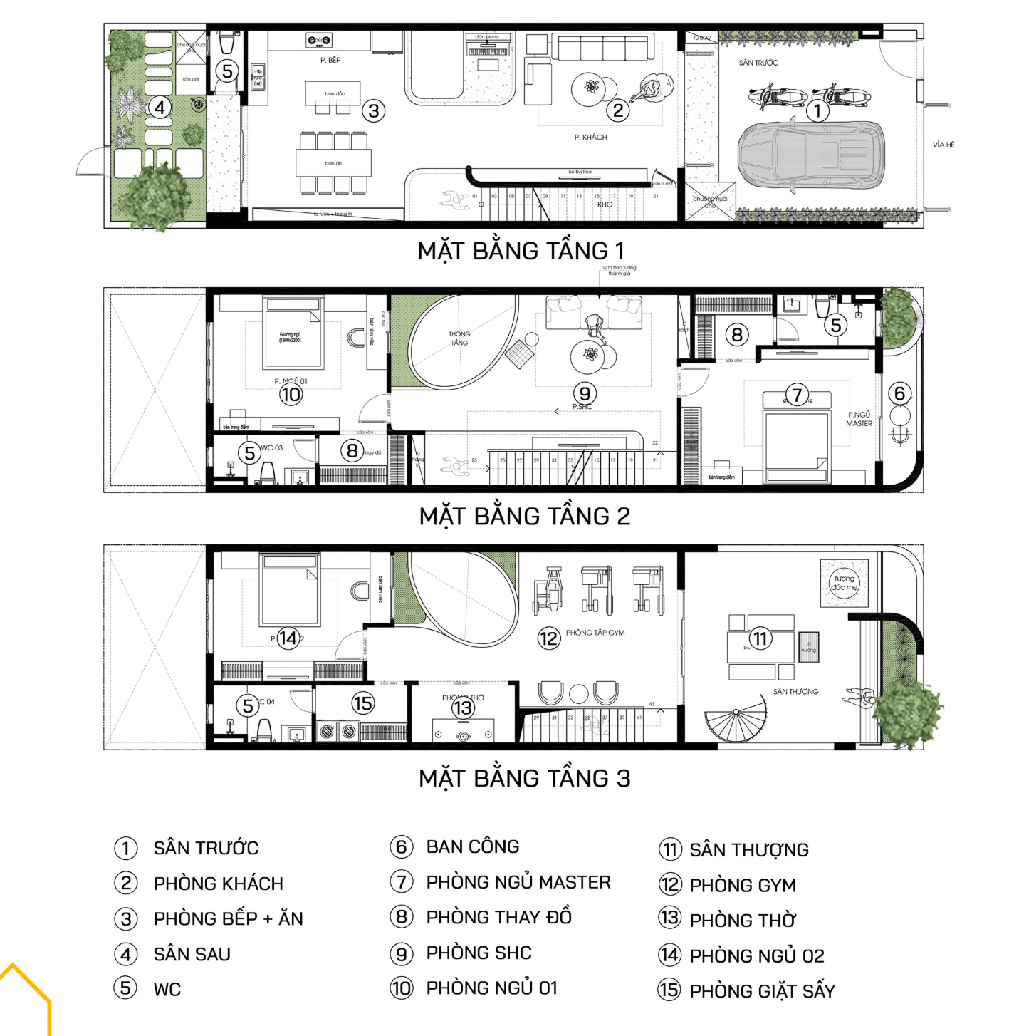 bo-tri-cong-nang-chi-tiet-nha-pho-6m-3-tang-dep-tien-nghi Mặt bằng thiết kế nhà 3 tầng, gồm phòng khách, phòng ngủ, phòng bếp, sân thượng và phòng gym.