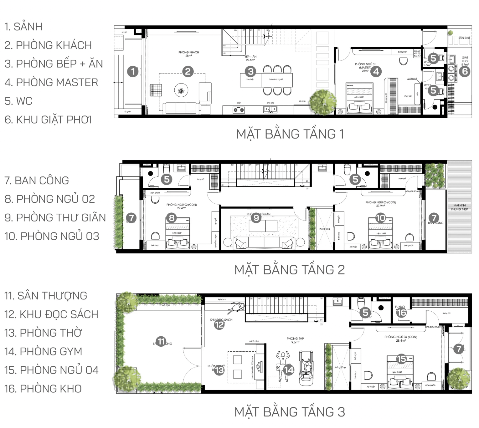 bo-tri-cong-nang-nha-mat-tien-6m-3-tang-co-04-phong-ngu-va-cac-khong-gian-khac-tien-nghi Bản vẽ mặt bằng nhà ba tầng chi tiết, gồm phòng khách, phòng ngủ, nhà bếp, WC và sân thượng.