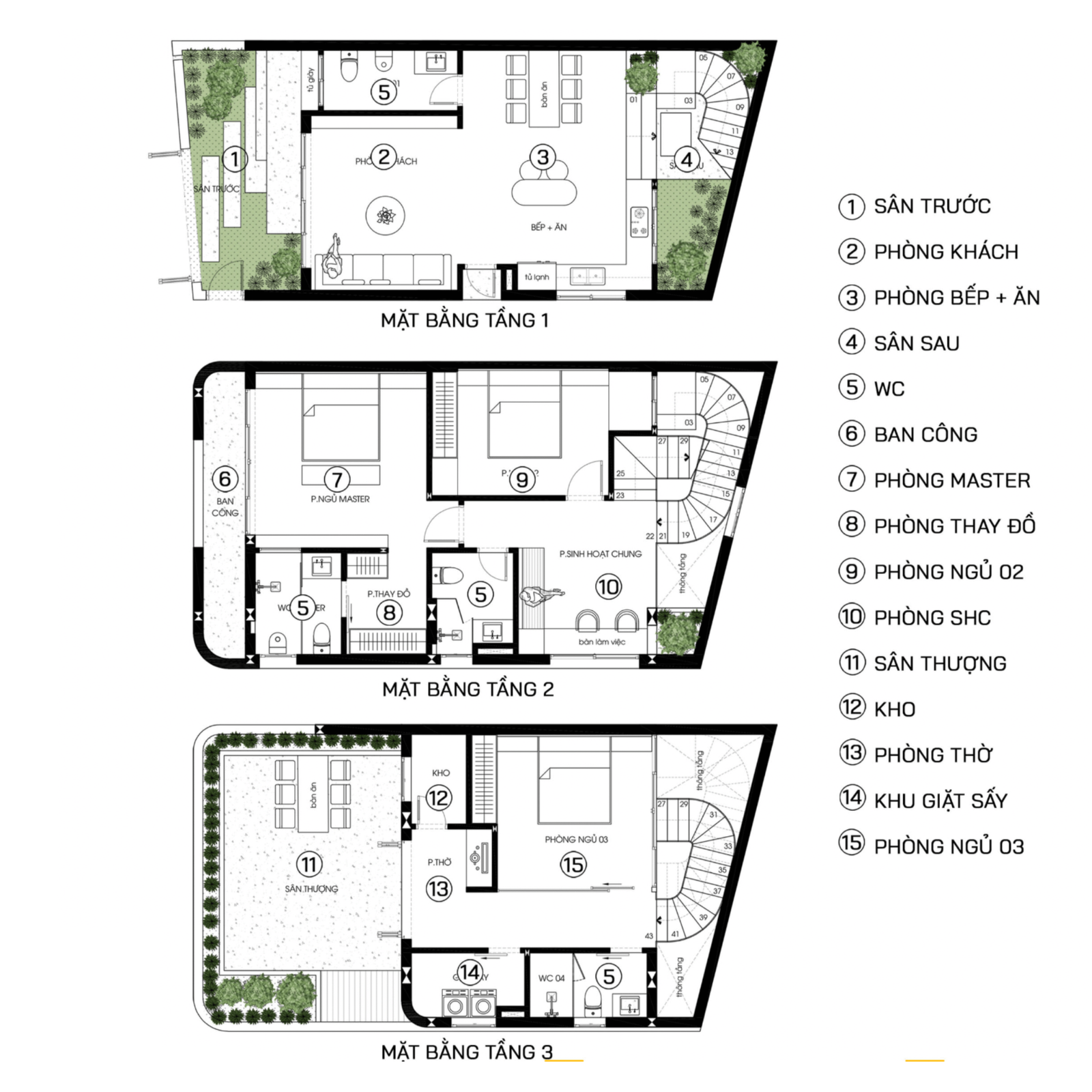 bo-tri-cong-nang-thuan-tien-cho-nha-mat-tien-6m-1 Bản vẽ kiến trúc 3 tầng với các khu vực: phòng khách, bếp, phòng ngủ và sân thượng xanh mát.