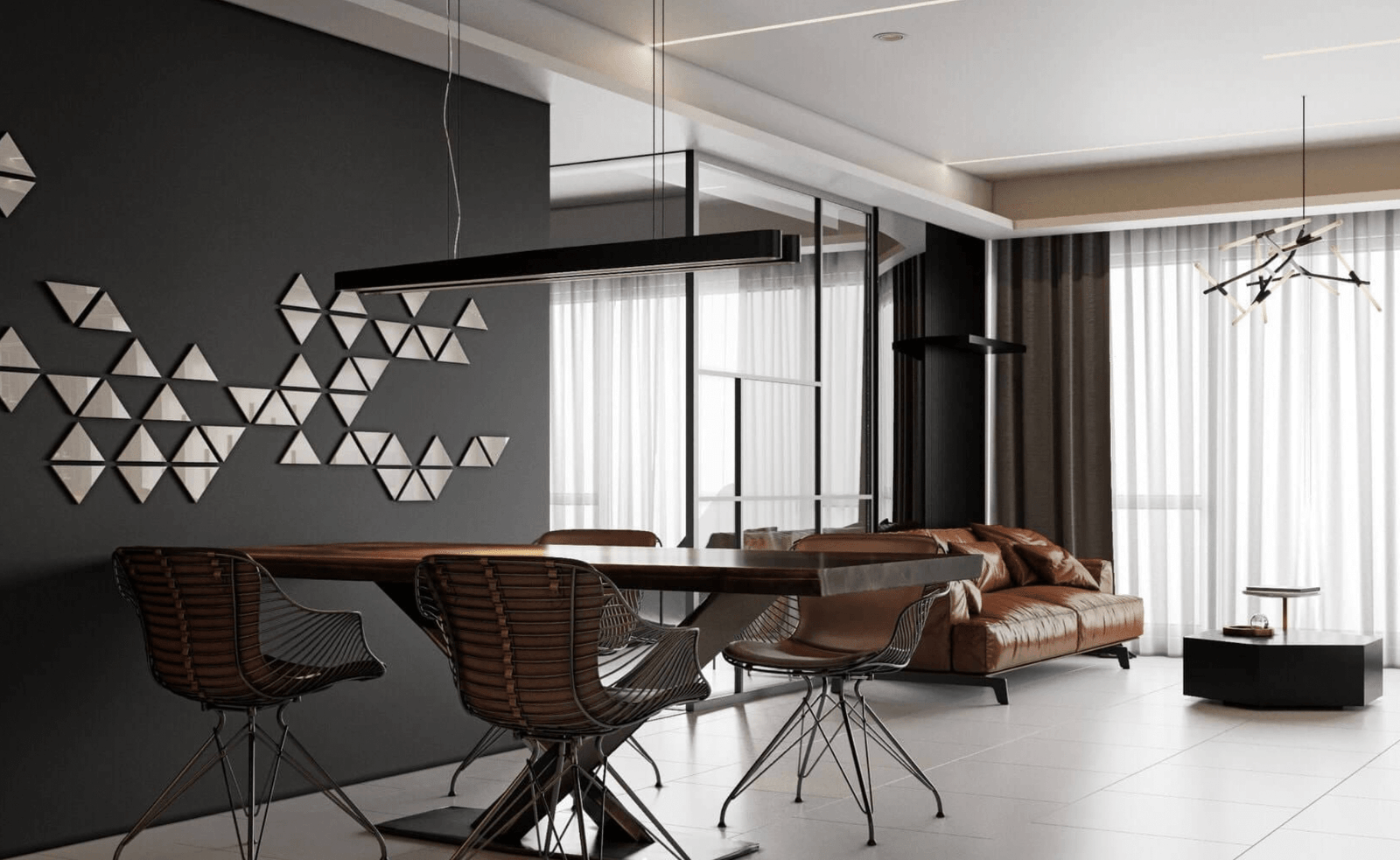 Phòng khách hiện đại với ghế da, bàn gỗ và tường trang trí hình học. Ánh sáng tự nhiên qua rèm cửa.