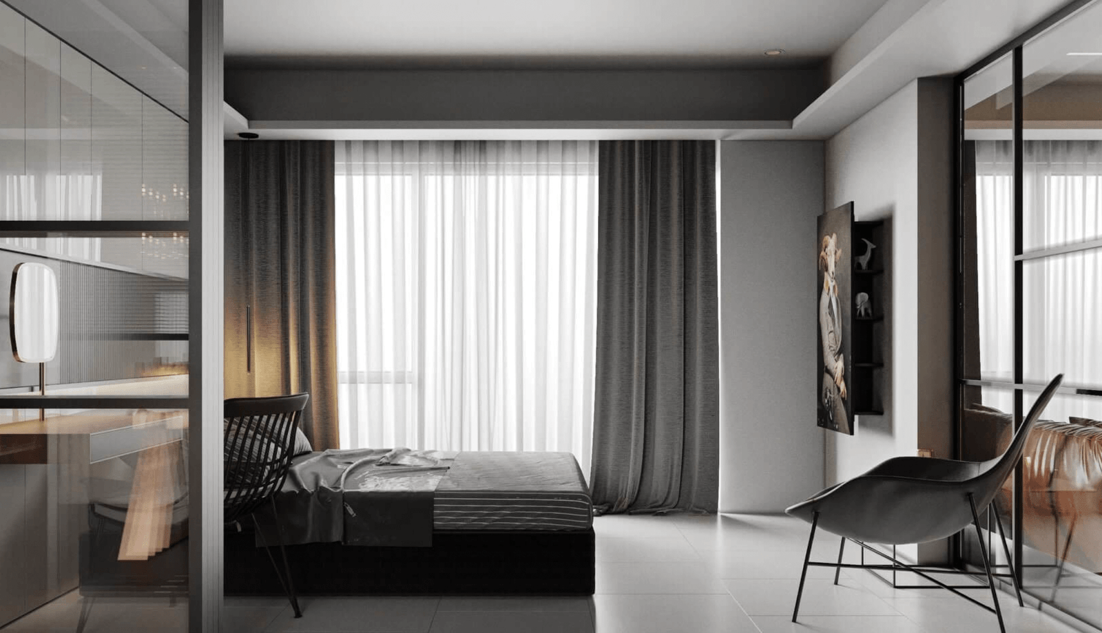 Phòng ngủ hiện đại với giường đôi, ghế thư giãn, cửa kính lớn và rèm trắng.