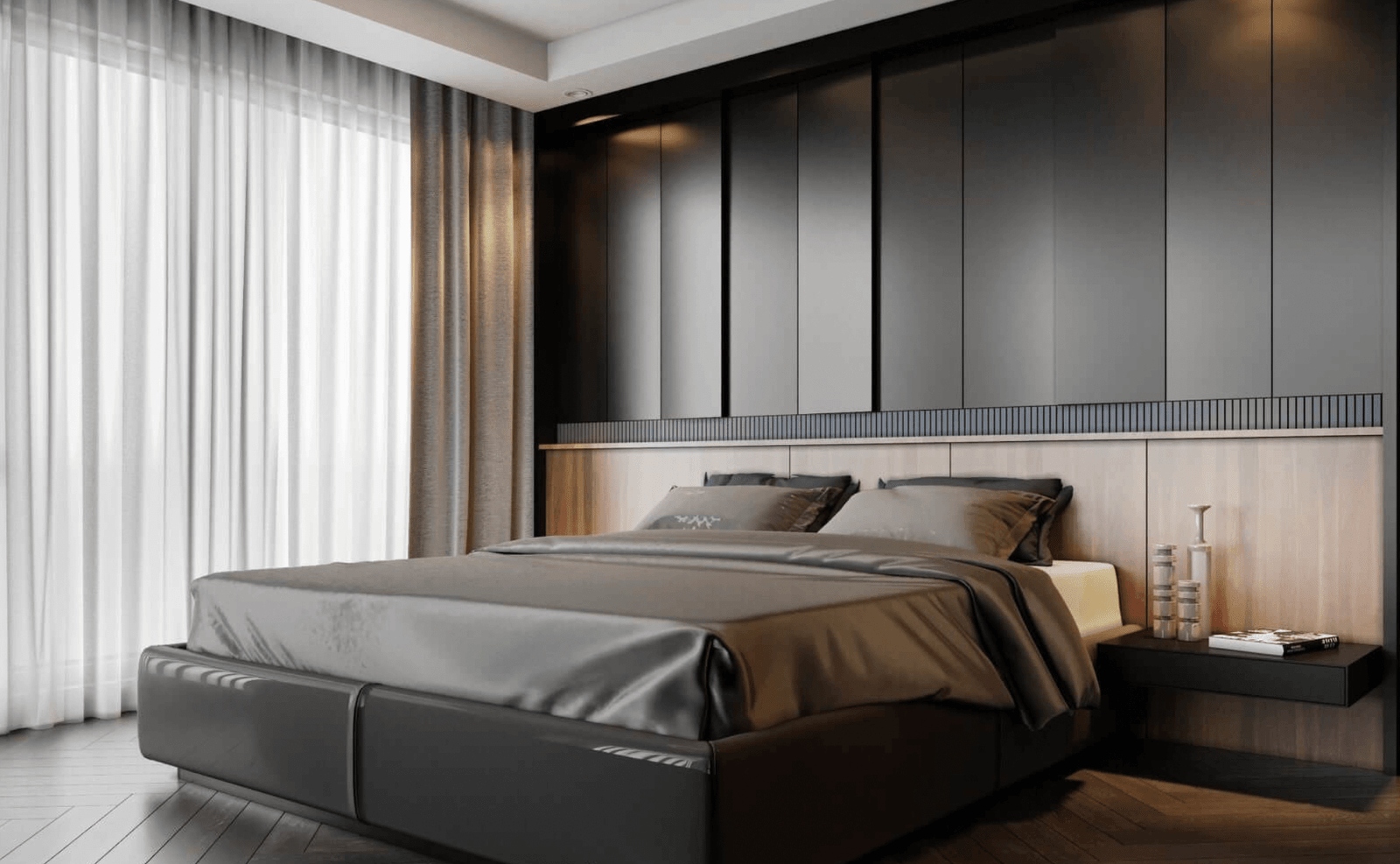 Phòng ngủ hiện đại với giường tông màu xám, ánh sáng tự nhiên từ rèm cửa trắng sang trọng.