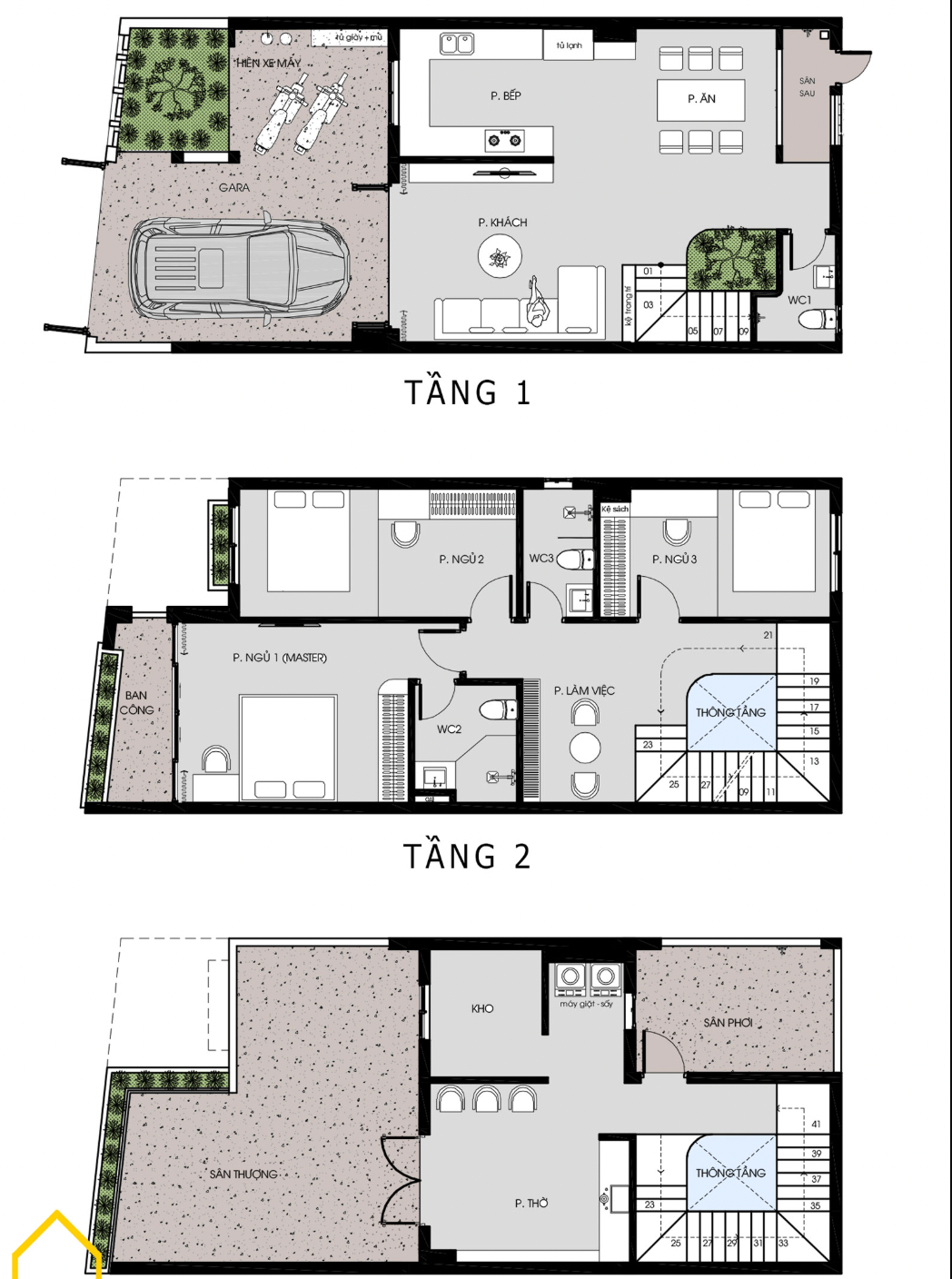 Mặt bằng nhà 3 tầng gồm phòng khách, bếp, 3 phòng ngủ, phòng làm việc, sân thượng và gara ô tô.