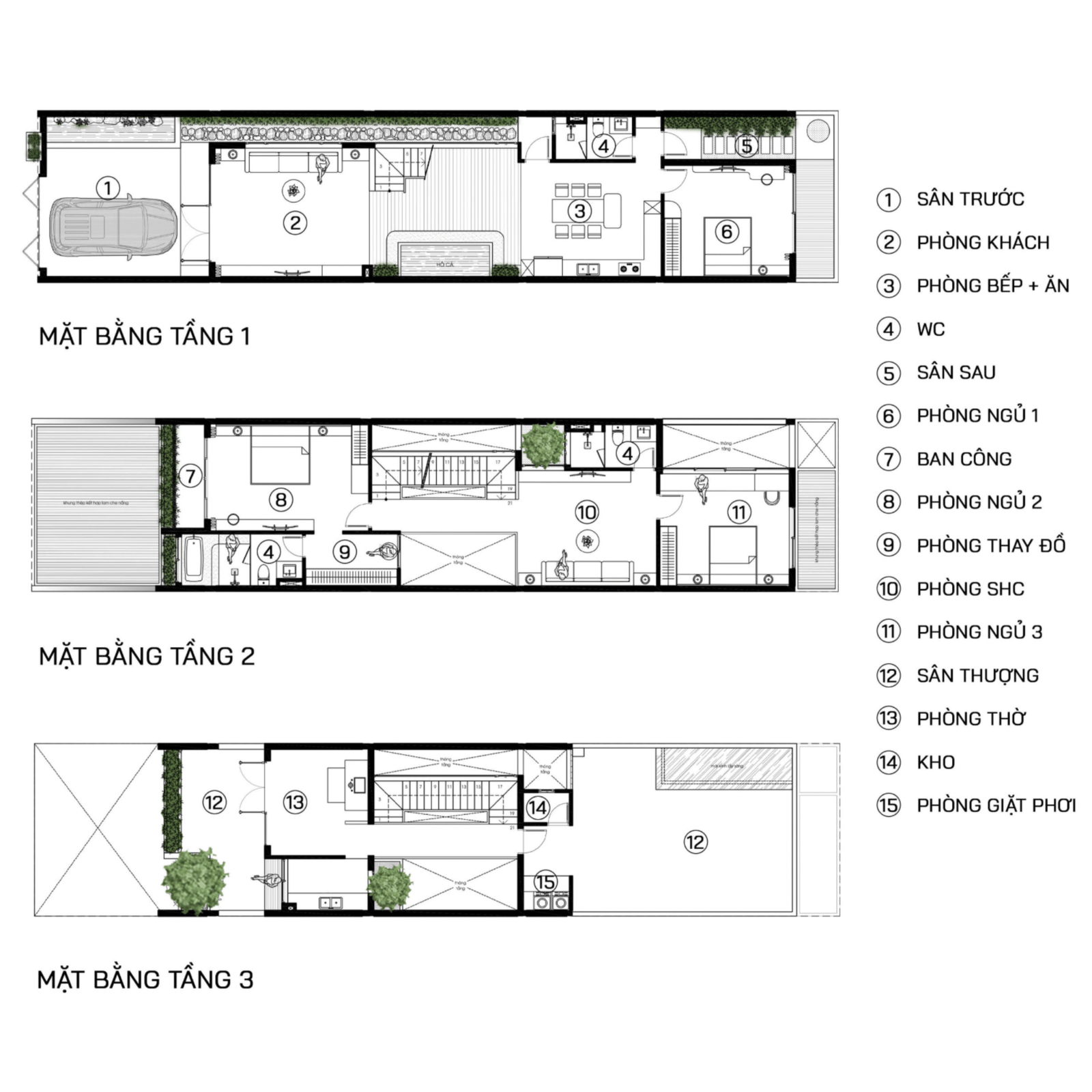 cong-nang-chi-tiet-nha-pho-6m-3-tang-noi-bat-voi-duong-cong Sơ đồ mặt bằng nhà 3 tầng, gồm phòng khách, bếp, WC, phòng ngủ, sân thượng và khu giặt phơi.