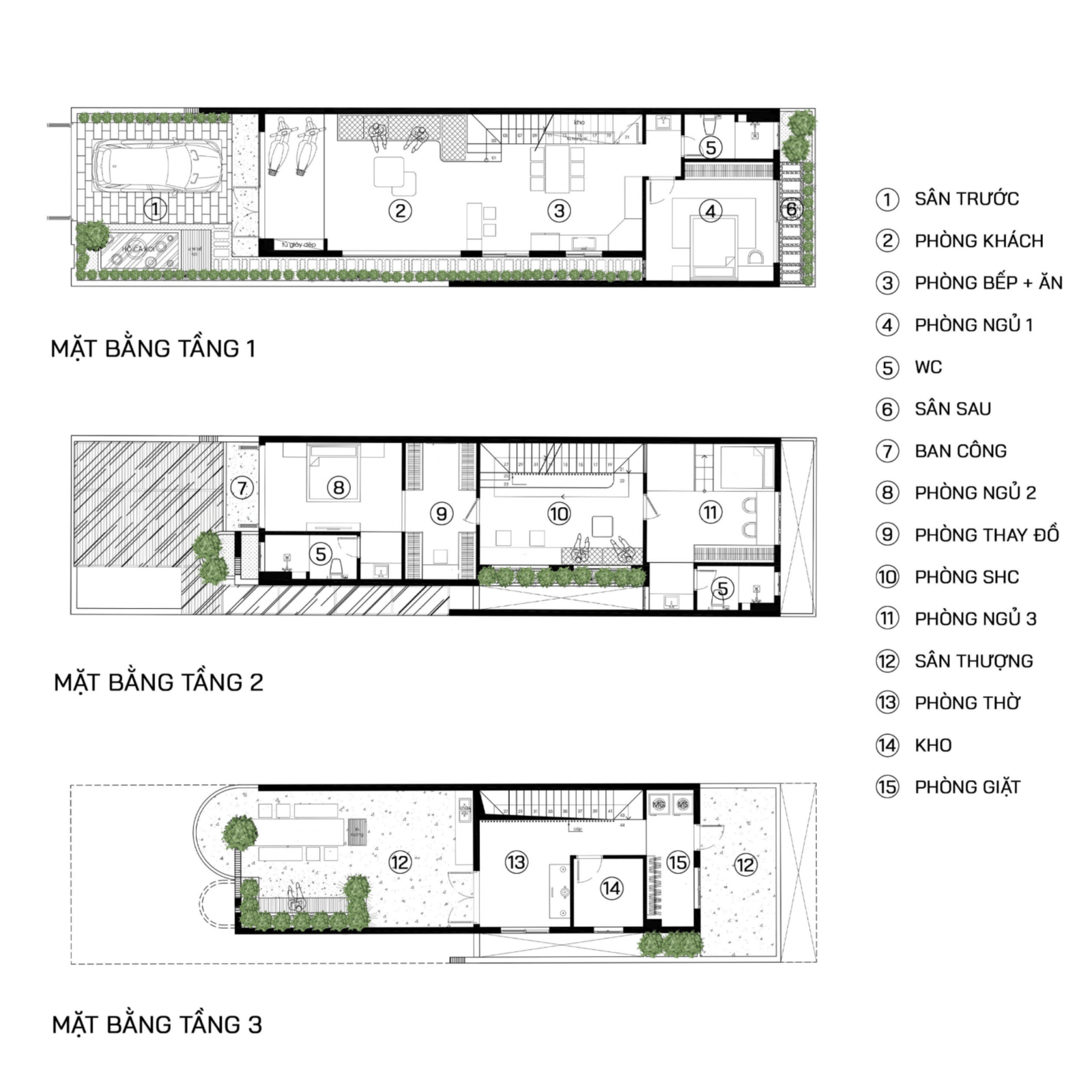 cong-nang-day-du-tien-nghi-cua-mau-nha-pho-6m-dai-25m-3-tang Bản vẽ mặt bằng nhà ba tầng chi tiết với các phòng như phòng khách, phòng ngủ, nhà bếp và sân thượng.
