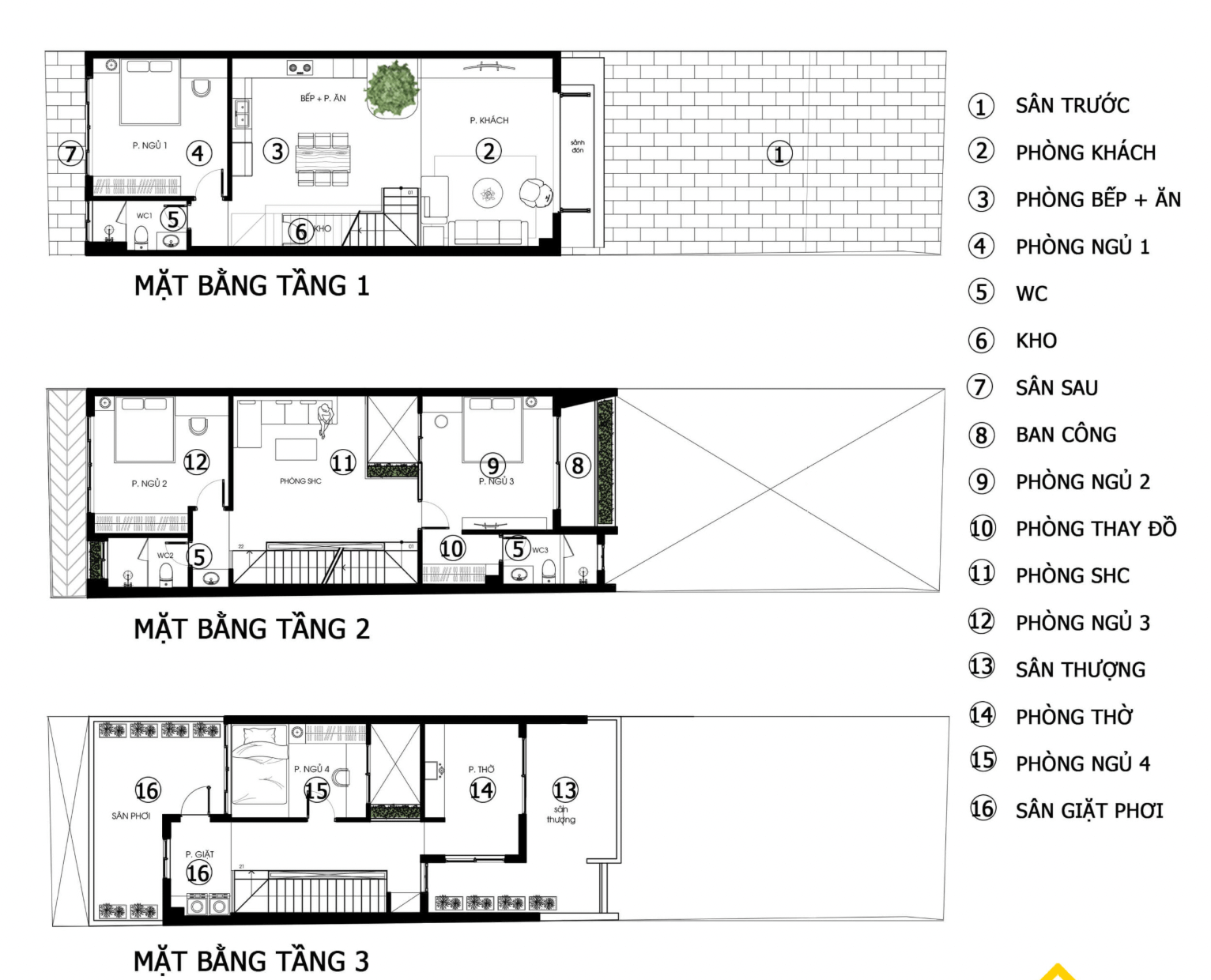 cong-nang-nha-dep-mat-tien-6m-3-tang-thiet-ke-toi-gian Mặt bằng nhà 3 tầng với các phòng tiện nghi: phòng khách, phòng bếp, phòng ngủ, ban công, sân thượng.