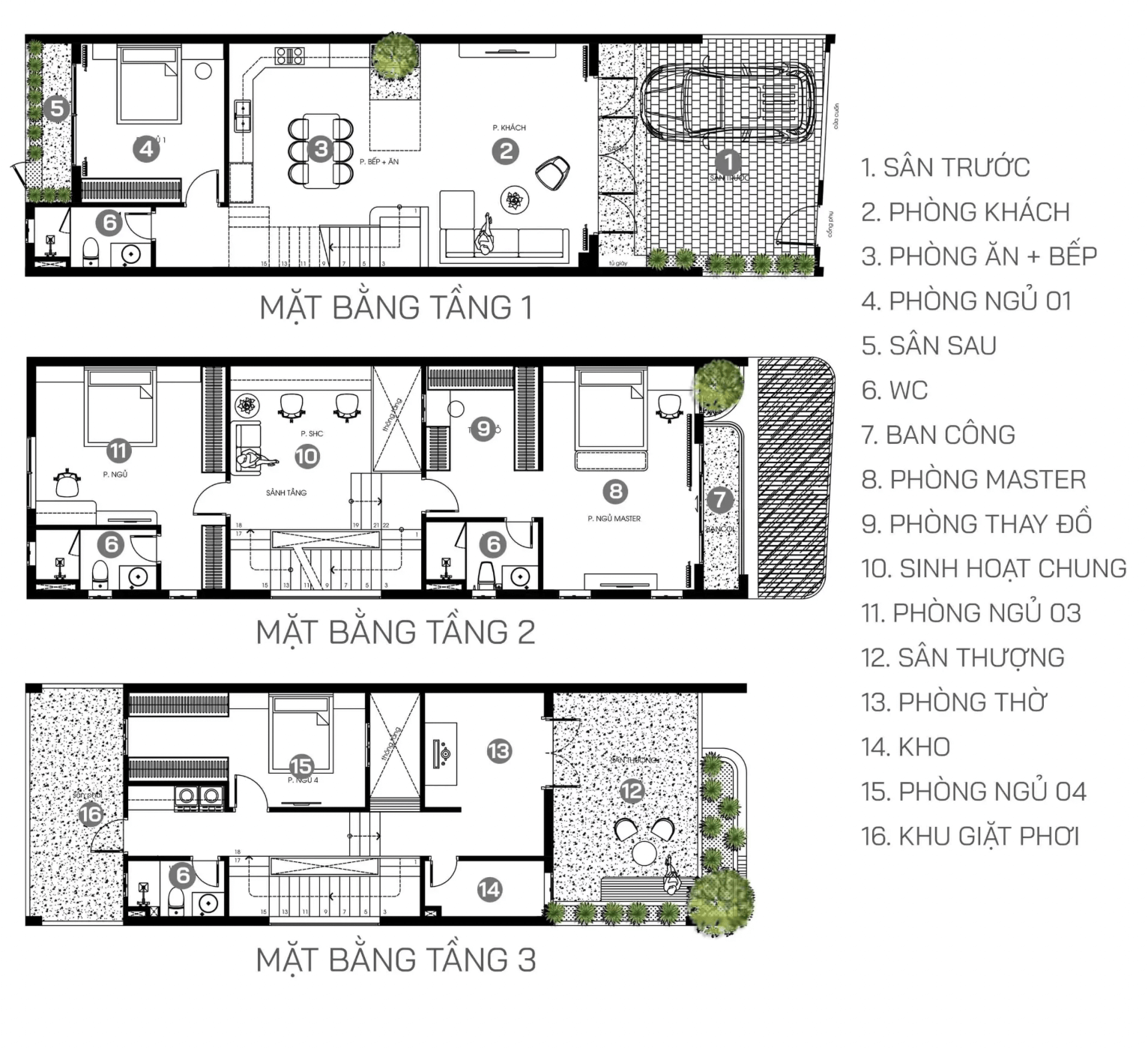 cong-nang-tien-nghi-mau-nha-3-tang-mat-tien-6m-hien-dai Sơ đồ mặt bằng nhà ở ba tầng gồm phòng khách, phòng ngủ, bếp, WC, ban công và khu giặt phơi.