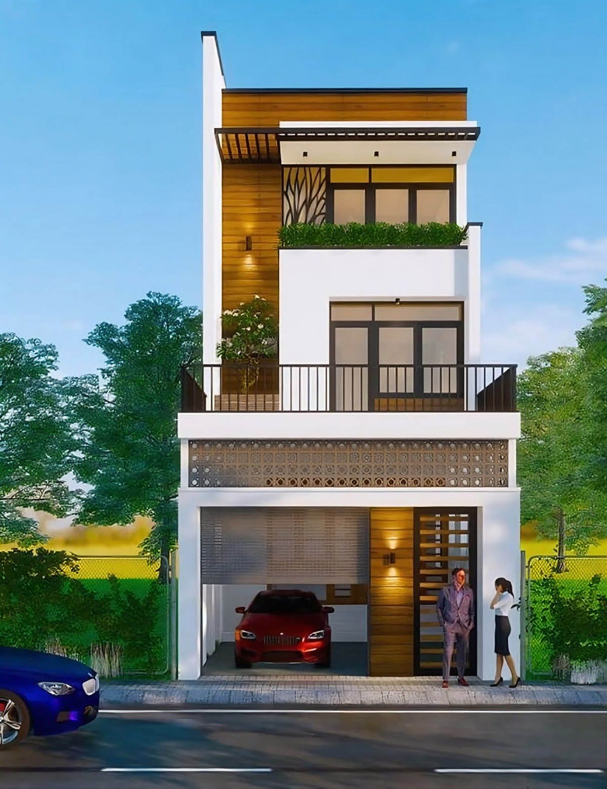 Nhà phố hiện đại ba tầng với gara ô tô, cửa sổ lớn và cây xanh, hai người đang trò chuyện phía trước.