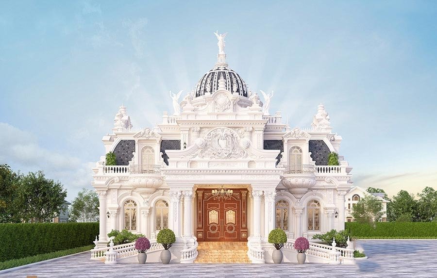 Biệt thự kiểu Pháp sang trọng với kiến trúc cổ điển, cổng lớn, mái vòm tráng lệ và vườn cây xanh mát.