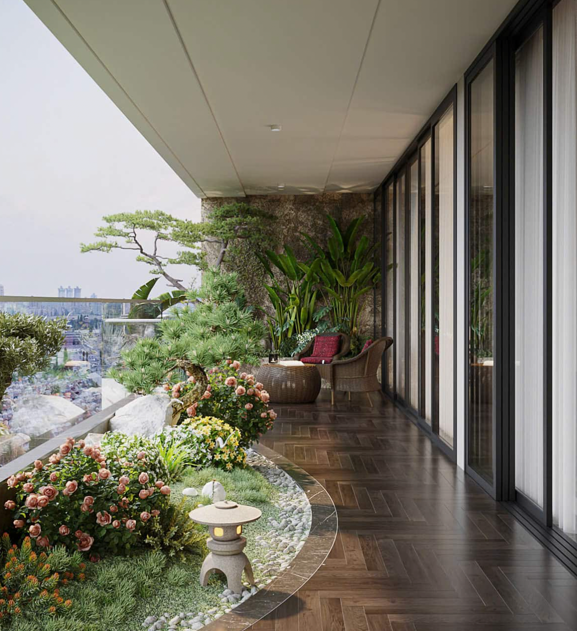 Ban công xanh mát với đèn đá và ghế mây, nhìn ra quang cảnh thành phố tuyệt đẹp.