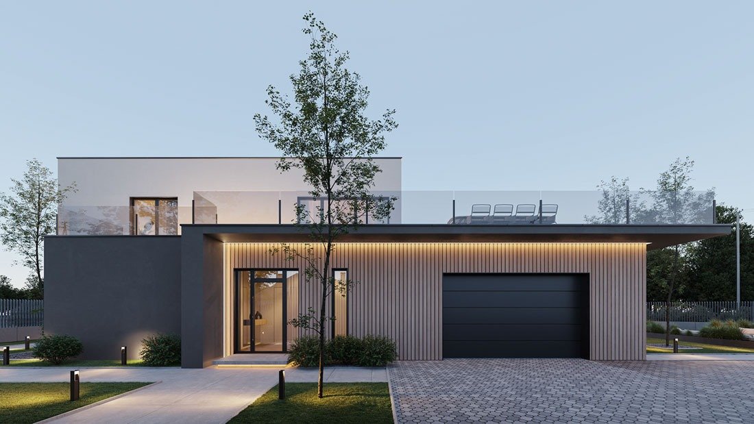 Ngôi nhà hiện đại với thiết kế tối giản, mặt tiền kính và ánh sáng ngoại thất buổi tối.