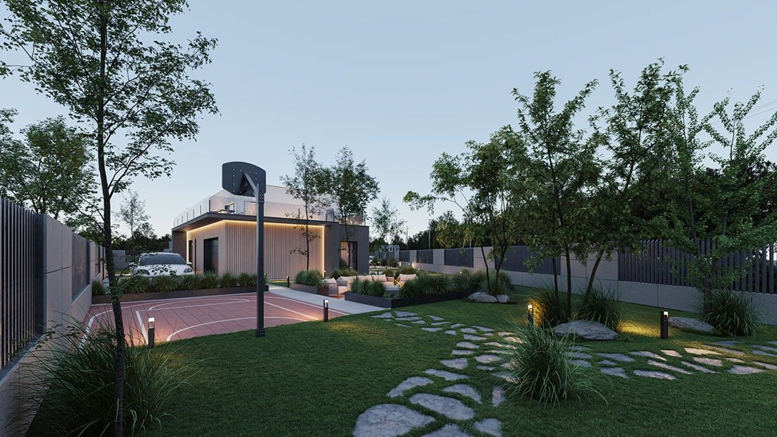 Nhà hiện đại với sân vườn rộng rãi, có sân bóng rổ và cây xanh, tạo không gian sống thoáng đãng và tiện nghi.
