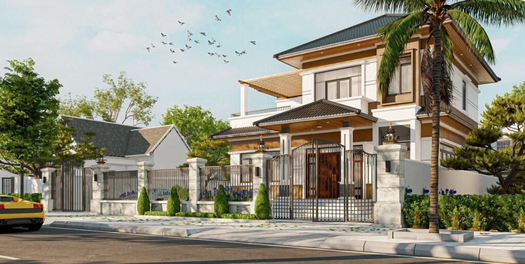 Biệt thự sang trọng với sân vườn xanh, hàng rào đá và xe thể thao đậu trên phố yên tĩnh.