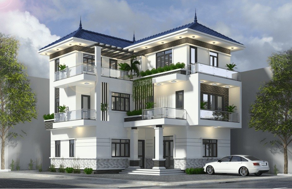 Biệt thự hiện đại với thiết kế ba tầng, mái ngói xanh, và cây cối xung quanh, bên cạnh là ô tô trắng.