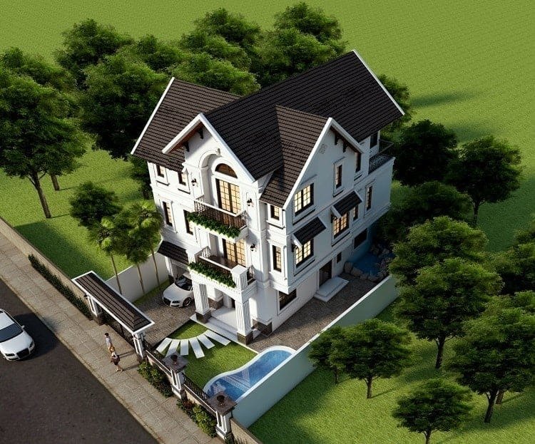 Biệt thự 3 tầng hiện đại, sân vườn rộng rãi, hồ bơi nhỏ cạnh nhà, toàn cảnh nhìn từ trên cao.