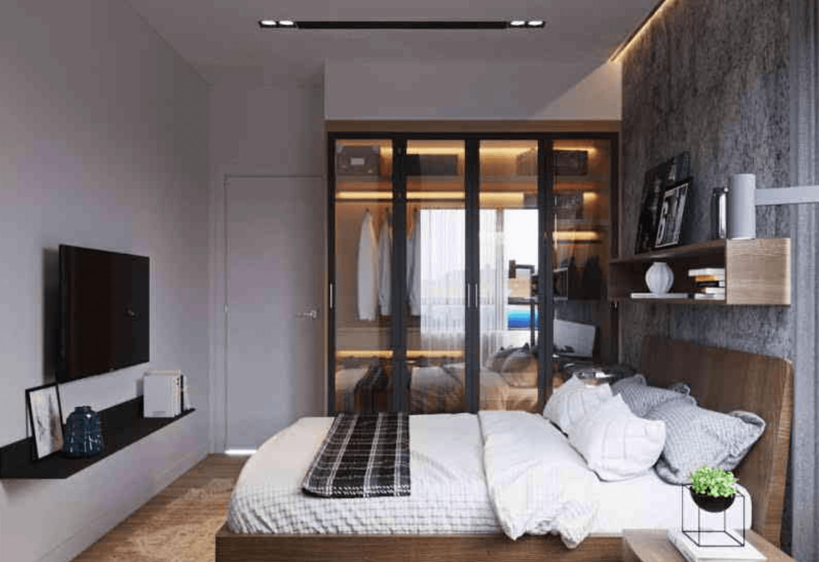 Phòng ngủ hiện đại với giường đôi, truyền hình, và tủ quần áo lớn, ánh sáng ấm áp.