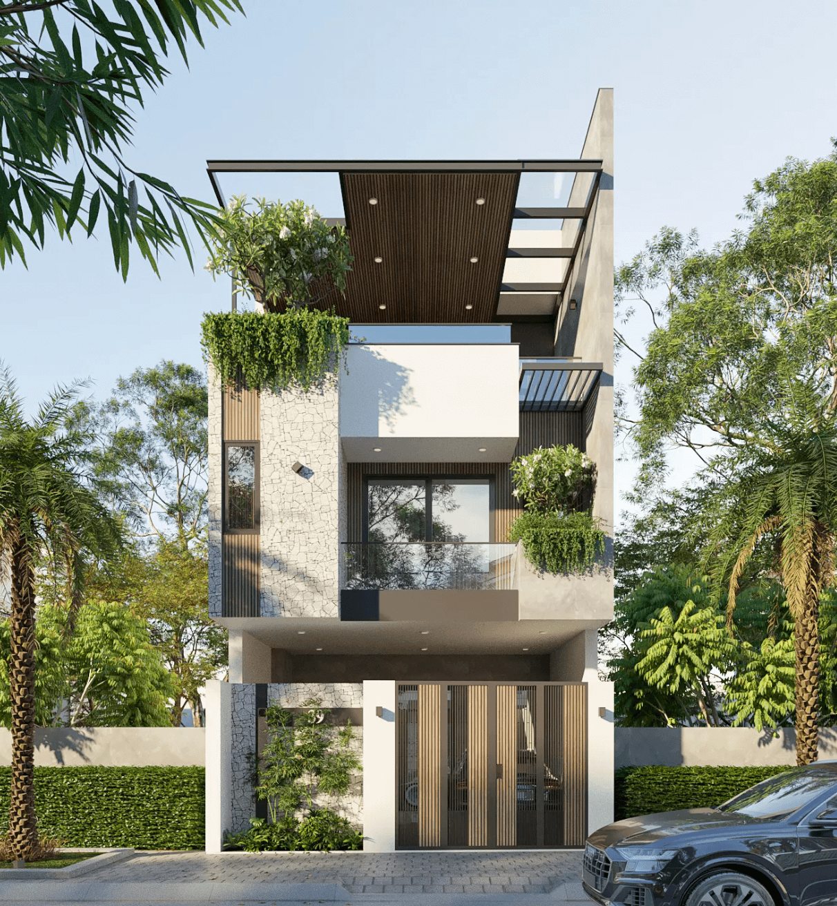 mau-mat-tien-nha-pho-6m-3-tang-dep-thanh-lich-1 Ngôi nhà hiện đại, 3 tầng, thiết kế độc đáo với cây xanh trang trí trước mặt tiền và cây cối xung quanh.