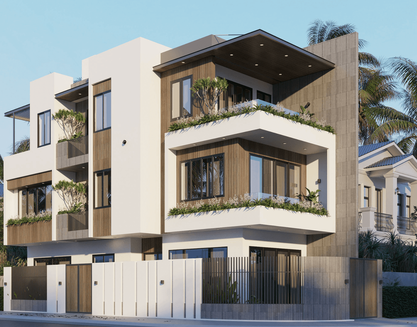 Nhà hiện đại với ban công rộng và nhiều cây xanh, phong cách kiến trúc tối giản giữa khu dân cư.