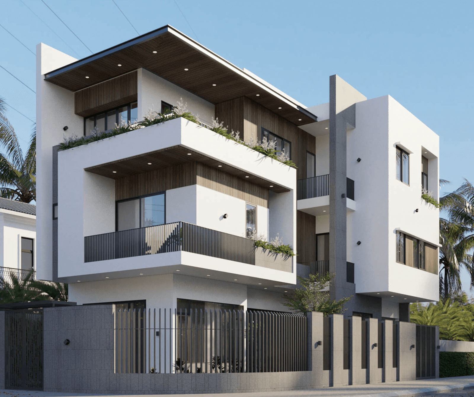 Nhà hiện đại ba tầng với ban công rộng và cây xanh, thiết kế kiến trúc tối giản, trời trong xanh.