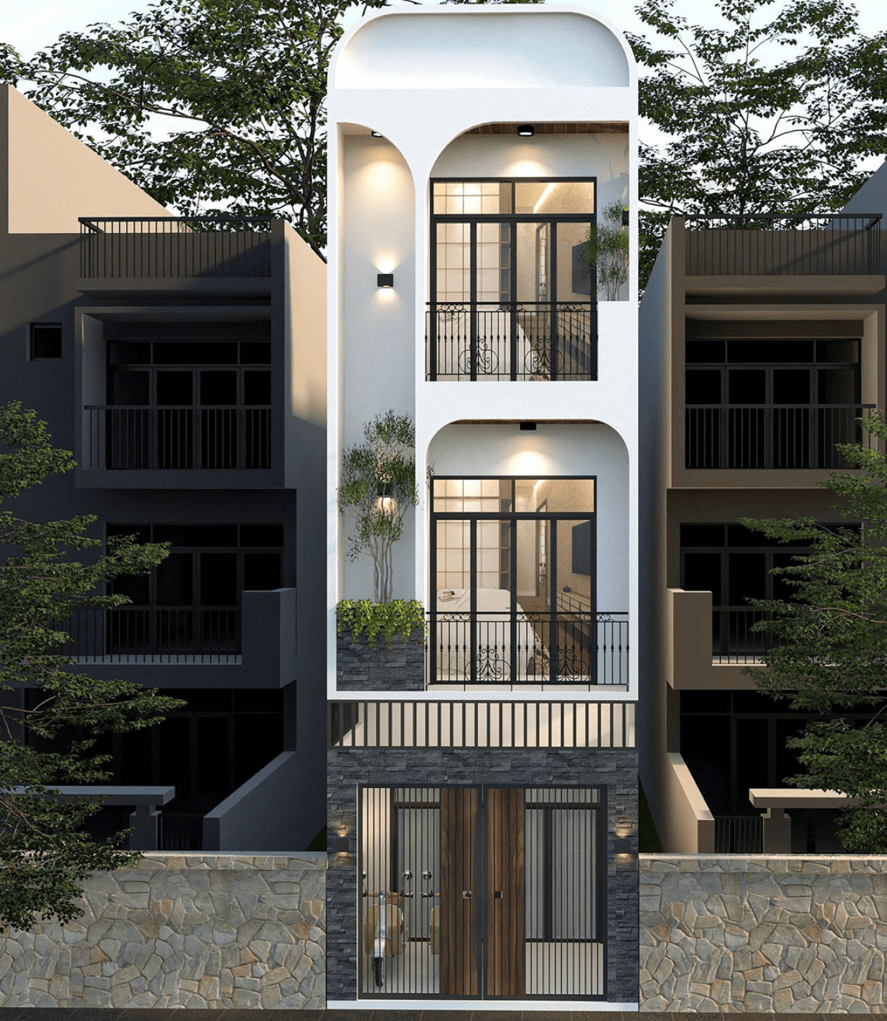 Mặt tiền nhà phố hiện đại 3 tầng với thiết kế tối giản, cửa kính lớn và cây xanh trang trí ban công.