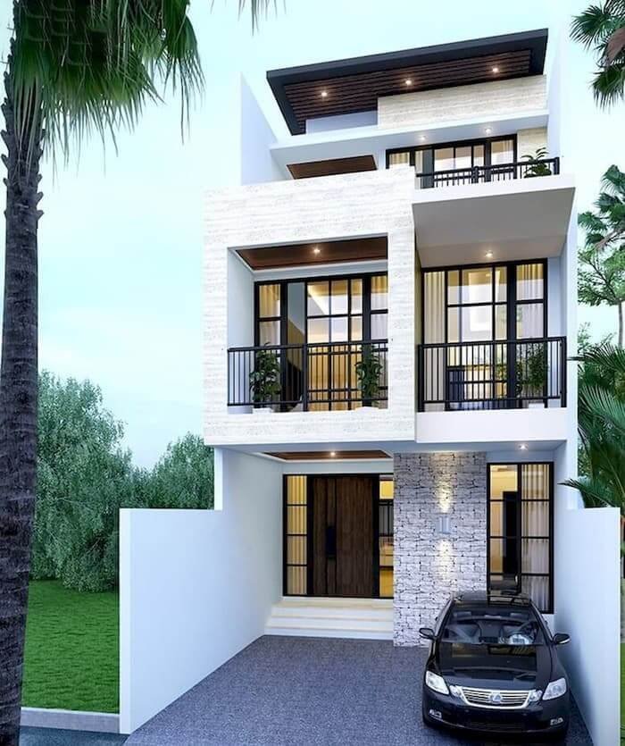 mau-mat-tien-nha-pho-6m-dai-25m-3-tang2 Ngôi nhà hiện đại ba tầng màu trắng với ô tô đỗ trước sân, thiết kế cửa kính, mang phong cách tối giản.