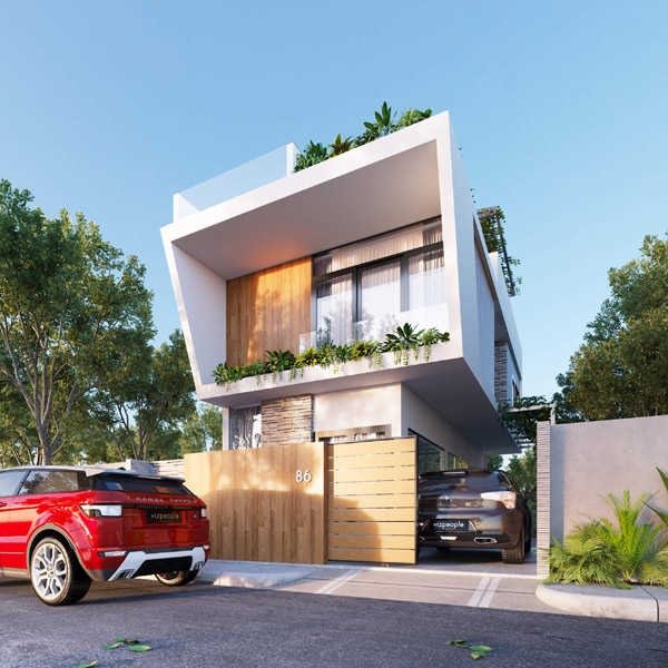 Ngôi nhà hiện đại với xe ô tô đỗ trước cửa, cây xanh xung quanh tạo không gian sống thoáng đãng và tiện nghi.