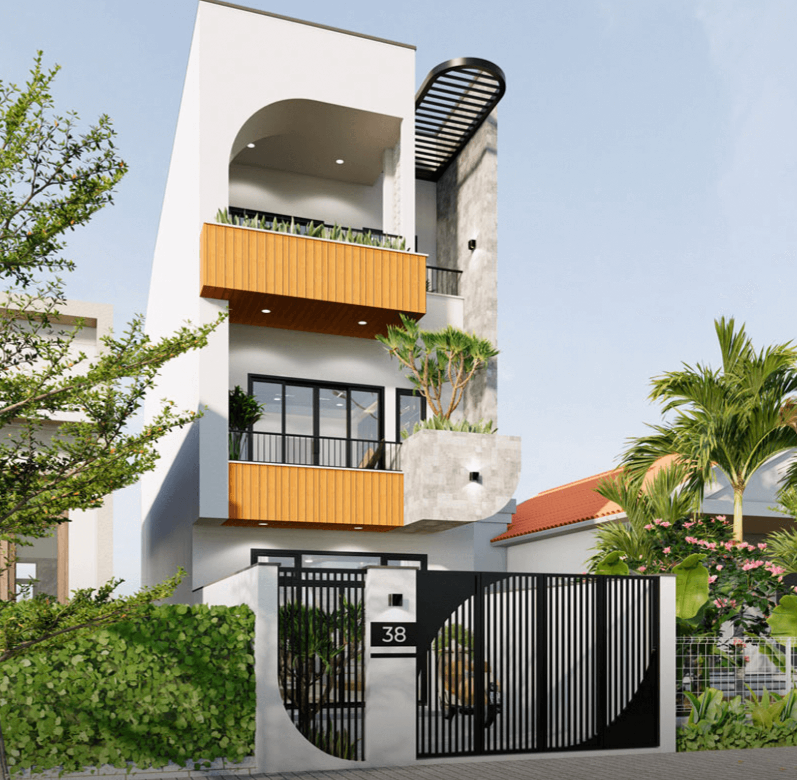 Nhà phố hiện đại 3 tầng với ban công cây xanh, cửa kính lớn và cổng sắt, nằm trong khu vực cây cối xung quanh.