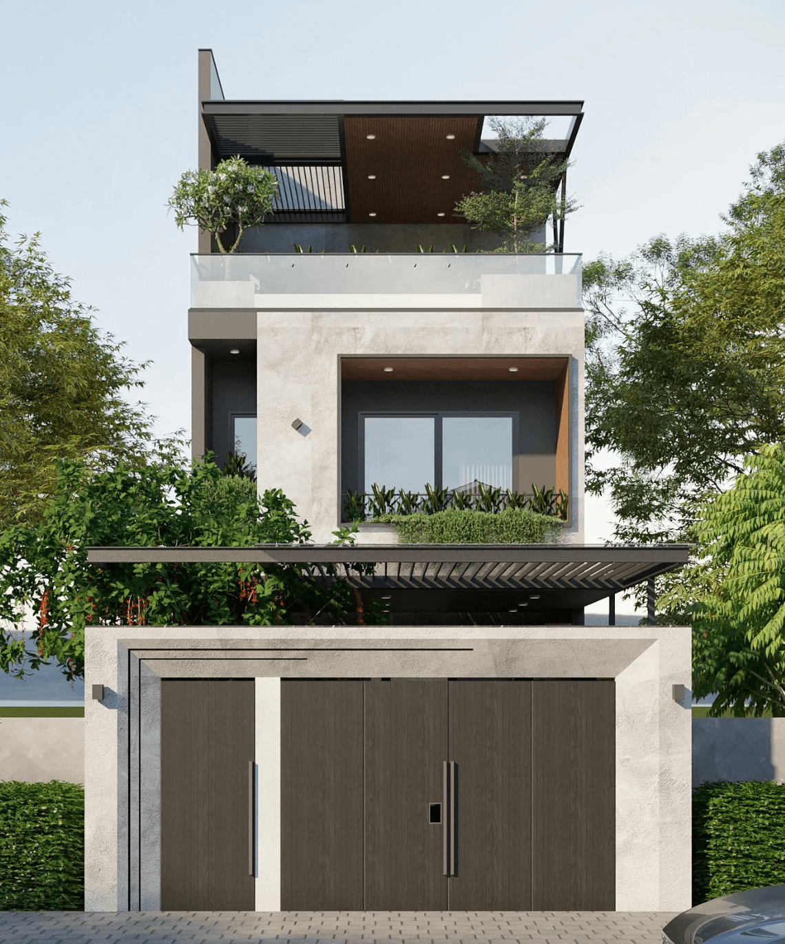 mau-thiet-ke-mat-tien-nha-pho-6m-co-4-phong-ngu-2-1 Nhà hiện đại ba tầng với ban công cây xanh, thiết kế mái độc đáo, cửa gỗ lớn, tông màu trung tính.