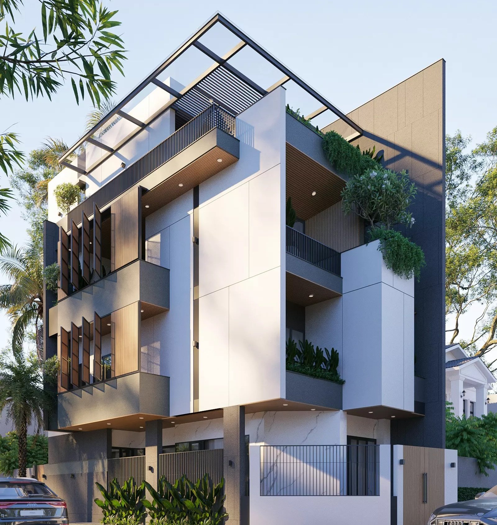 Nhà phố hiện đại với thiết kế kiến trúc sang trọng, cây xanh trang trí xung quanh.