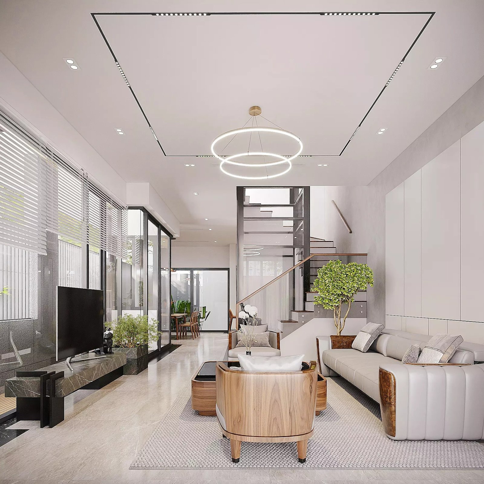 Phòng khách hiện đại với sofa da, bàn gỗ và đèn vòng tròn, cửa sổ lớn mang ánh sáng tự nhiên.