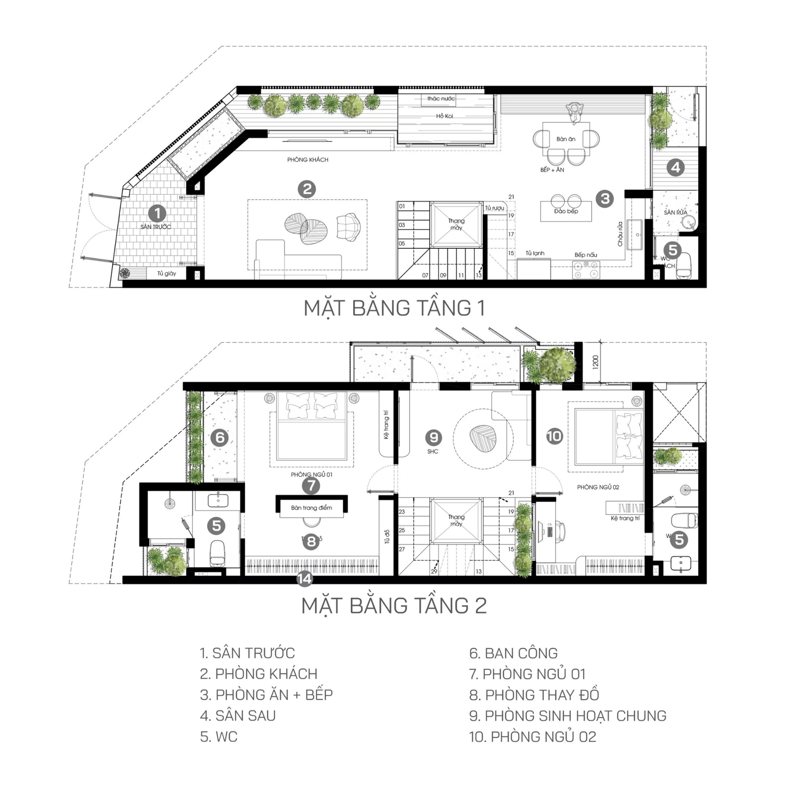 Sơ đồ mặt bằng nhà hai tầng, hiển thị chi tiết các phòng và khu vực trên tầng 1 và tầng 2.