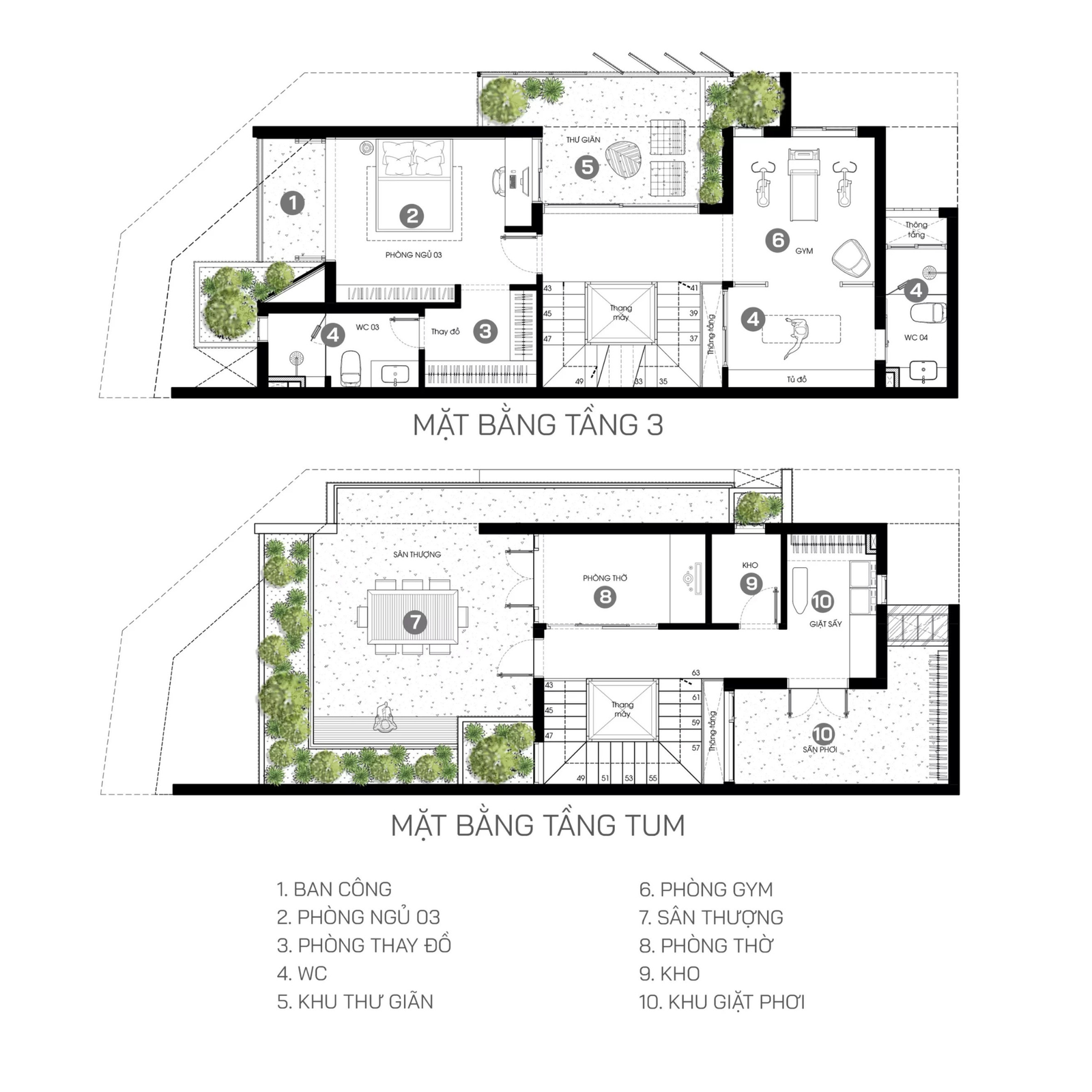 Sơ đồ mặt bằng tầng 3 và tầng tum nhà, gồm phòng ngủ, phòng gym, sân thượng, khu giặt và WC.
