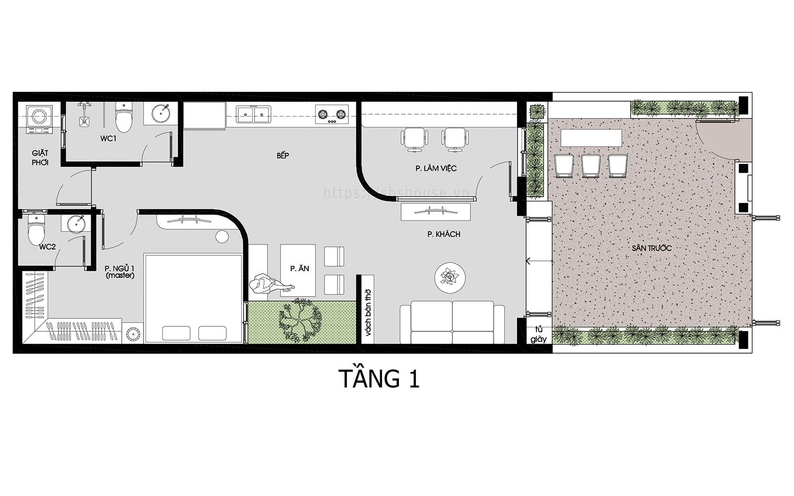 Bản vẽ sơ đồ tầng 1 nhà ở, gồm phòng khách, bếp, phòng ngủ, phòng làm việc và sân trước.