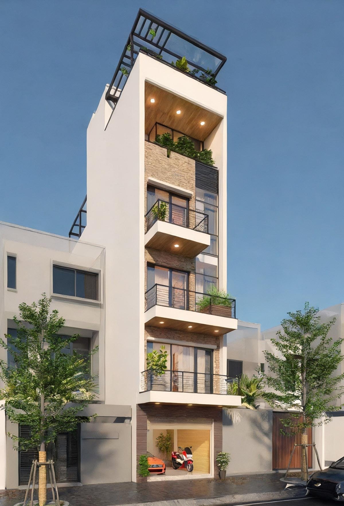 Nhà phố hiện đại 5 tầng với ban công và cây xanh, thiết kế mặt tiền đẹp dưới bầu trời xanh.