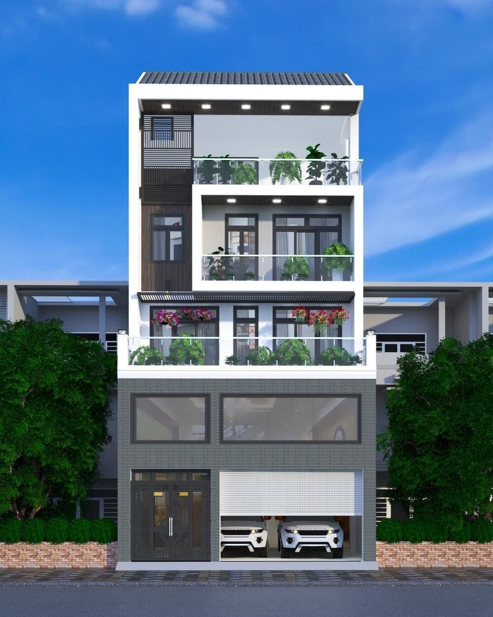 Nhà phố hiện đại 3 tầng với ban công cây xanh và gara ô tô, thiết kế kiến trúc sang trọng.