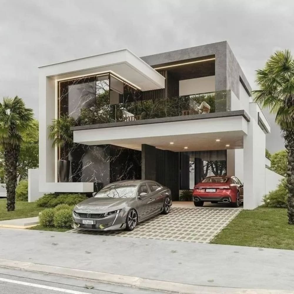 Biệt thự hiện đại với hai ô tô sang trọng đỗ phía trước, có cây cọ xung quanh và thiết kế kiến trúc độc đáo.