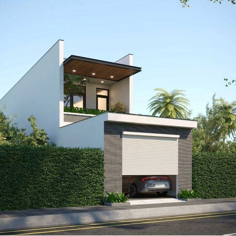 Nhà hiện đại với gara ô tô và sân thượng xanh, nằm trên đường phố với cây cối bao quanh.