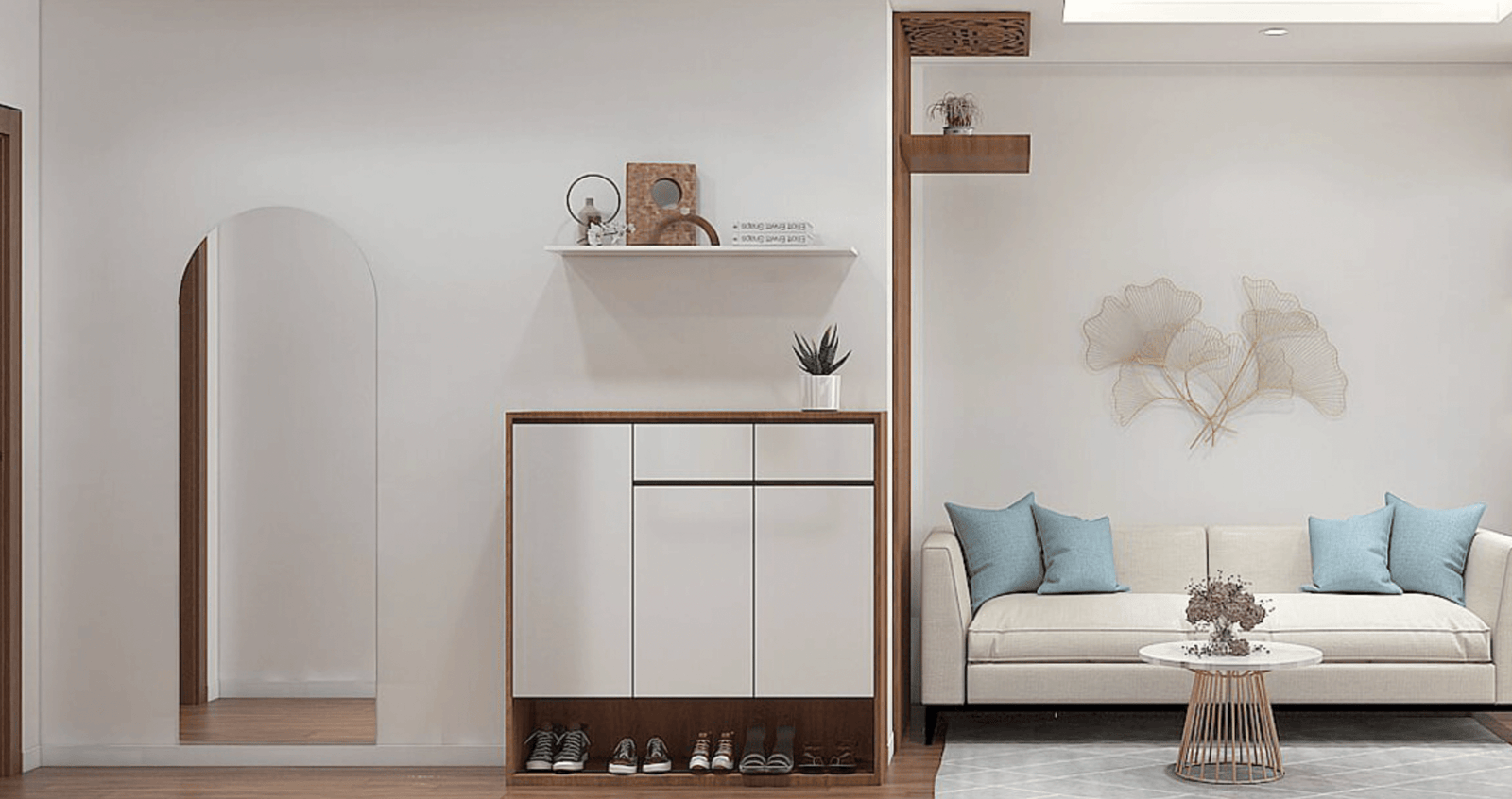 Phòng khách hiện đại với sofa trắng, gối xanh, bàn trà nhỏ và trang trí cây trên tường. Nội thất tối giản.