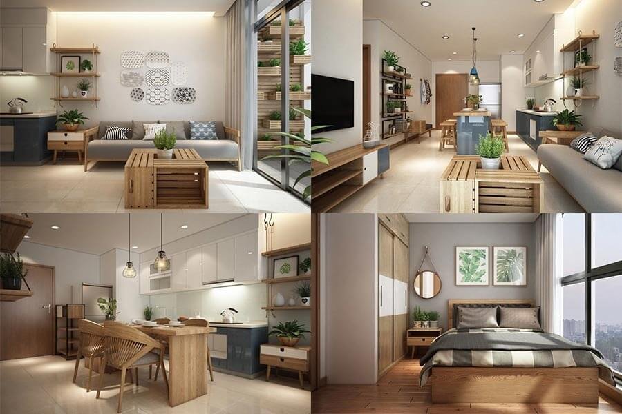 Căn hộ hiện đại với nội thất gỗ, phòng khách, bếp và phòng ngủ thiết kế tối giản, ánh sáng tự nhiên.