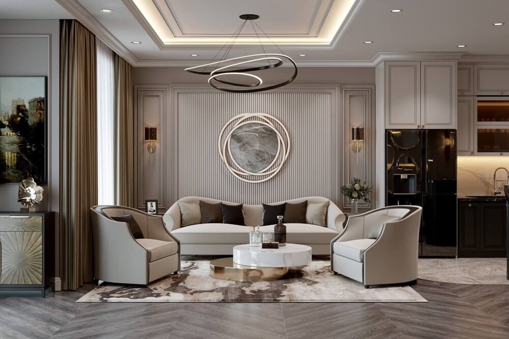 Phòng khách hiện đại với sofa màu kem, đèn chùm độc đáo và tranh treo tường sang trọng.