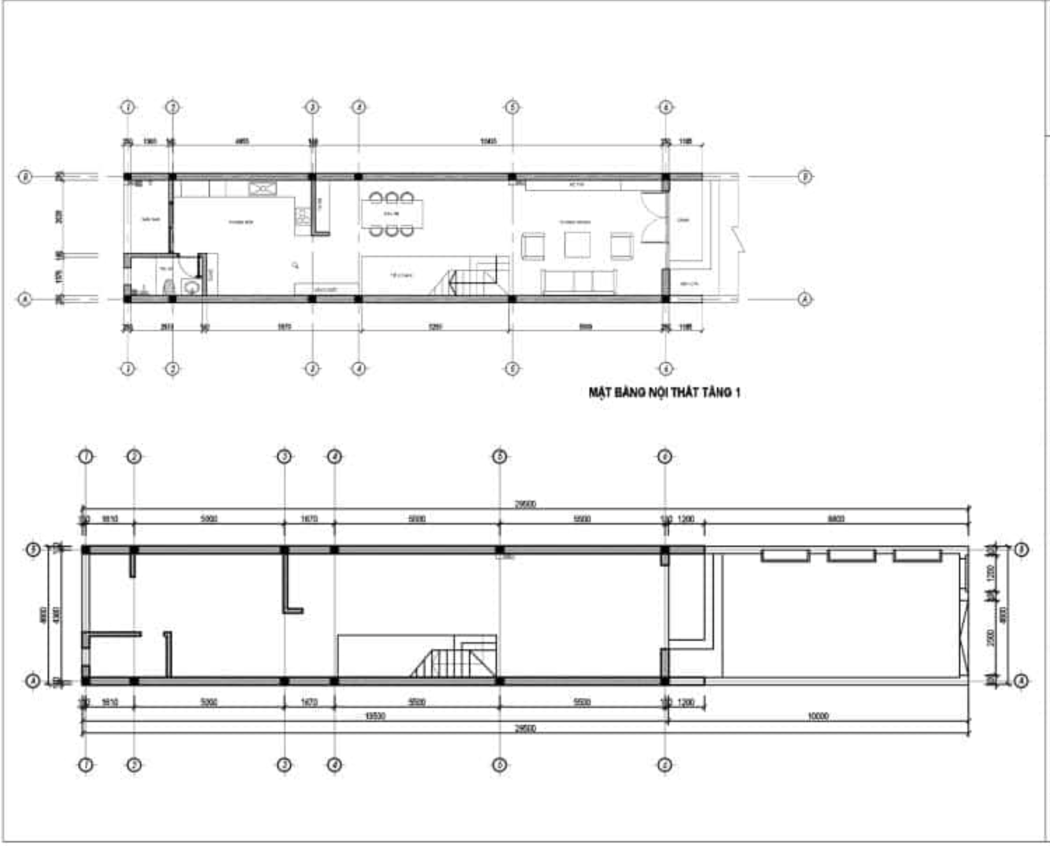 Bản vẽ mặt bằng nội thất tầng 1 với phòng khách, bếp, và khu vực ăn uống.