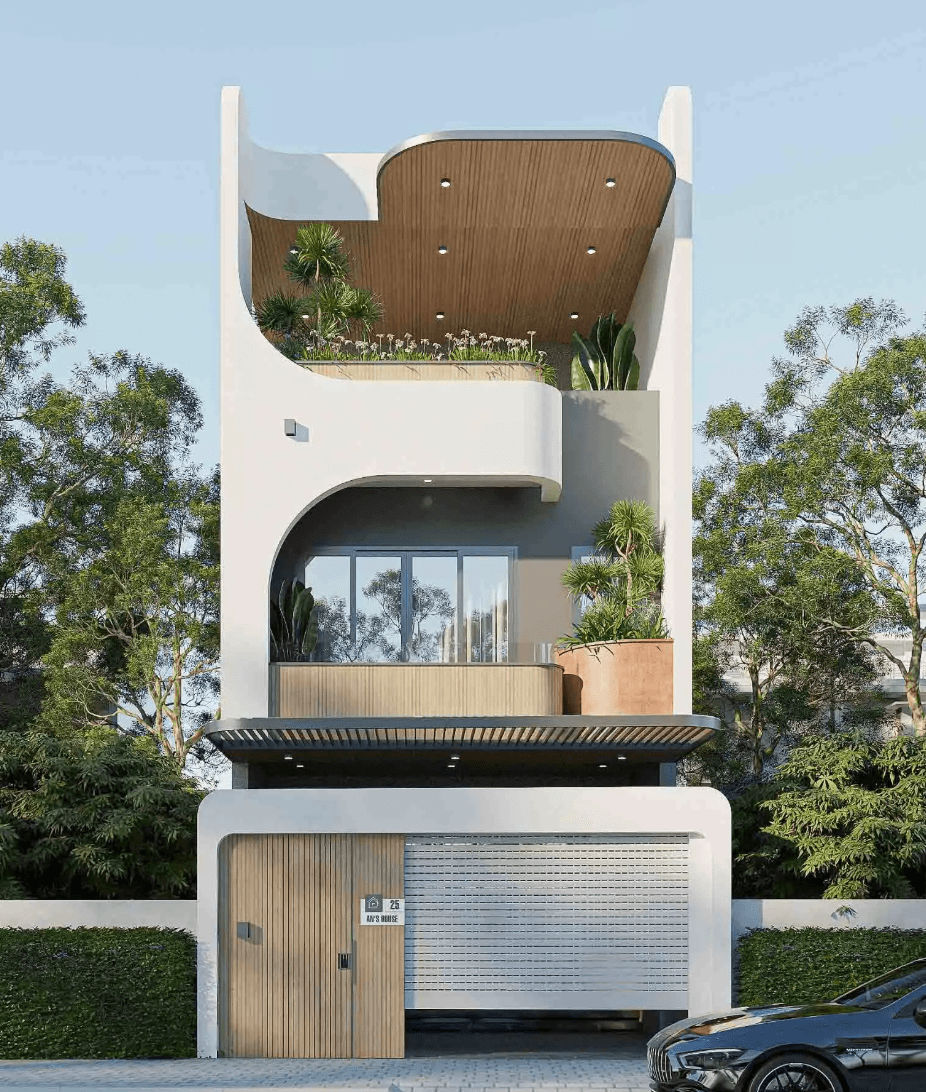 Ngôi nhà ba tầng hiện đại với ban công cây xanh, thiết kế độc đáo, xung quanh có nhiều cây cối.
